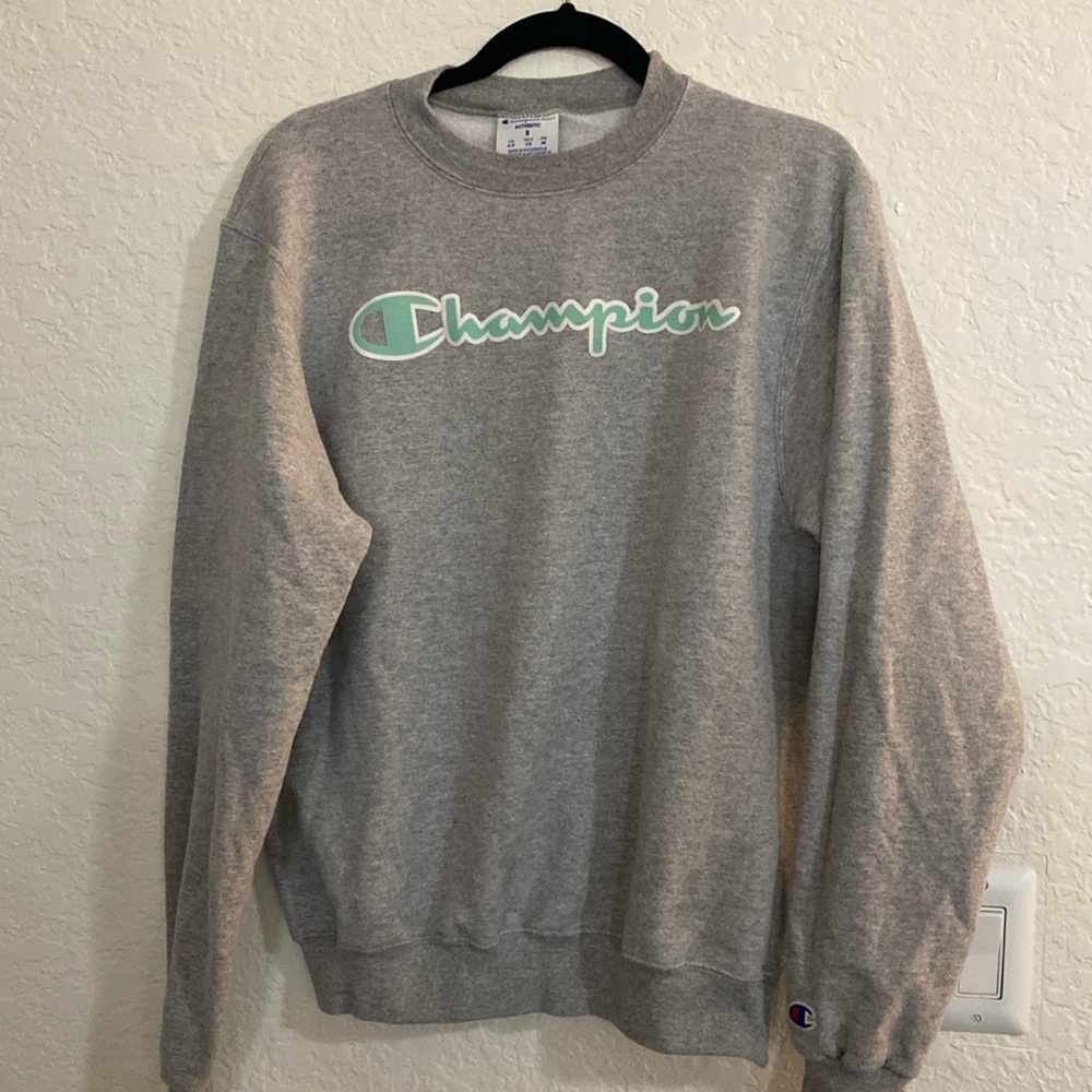 Champion small sweatshirt with teal text